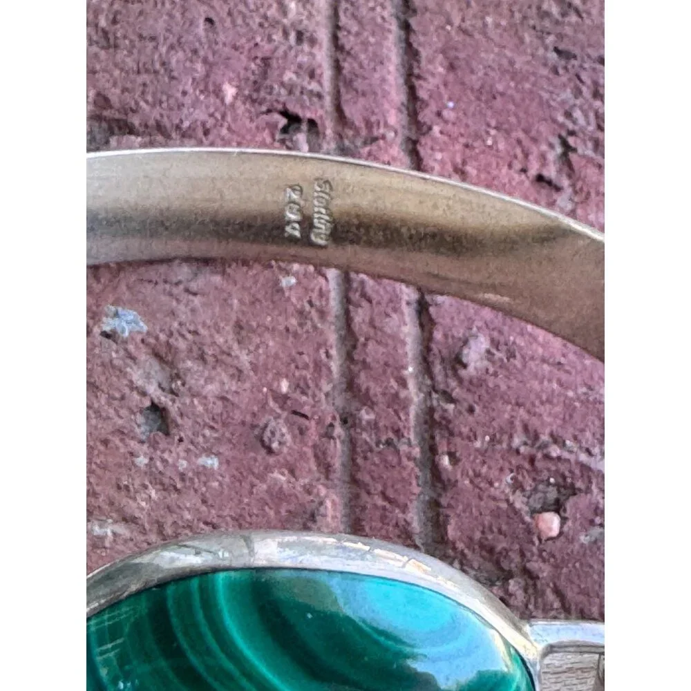 Sterling Silver Malachite Oval Bracelet 925 Vintage - Picture 3 of 7
